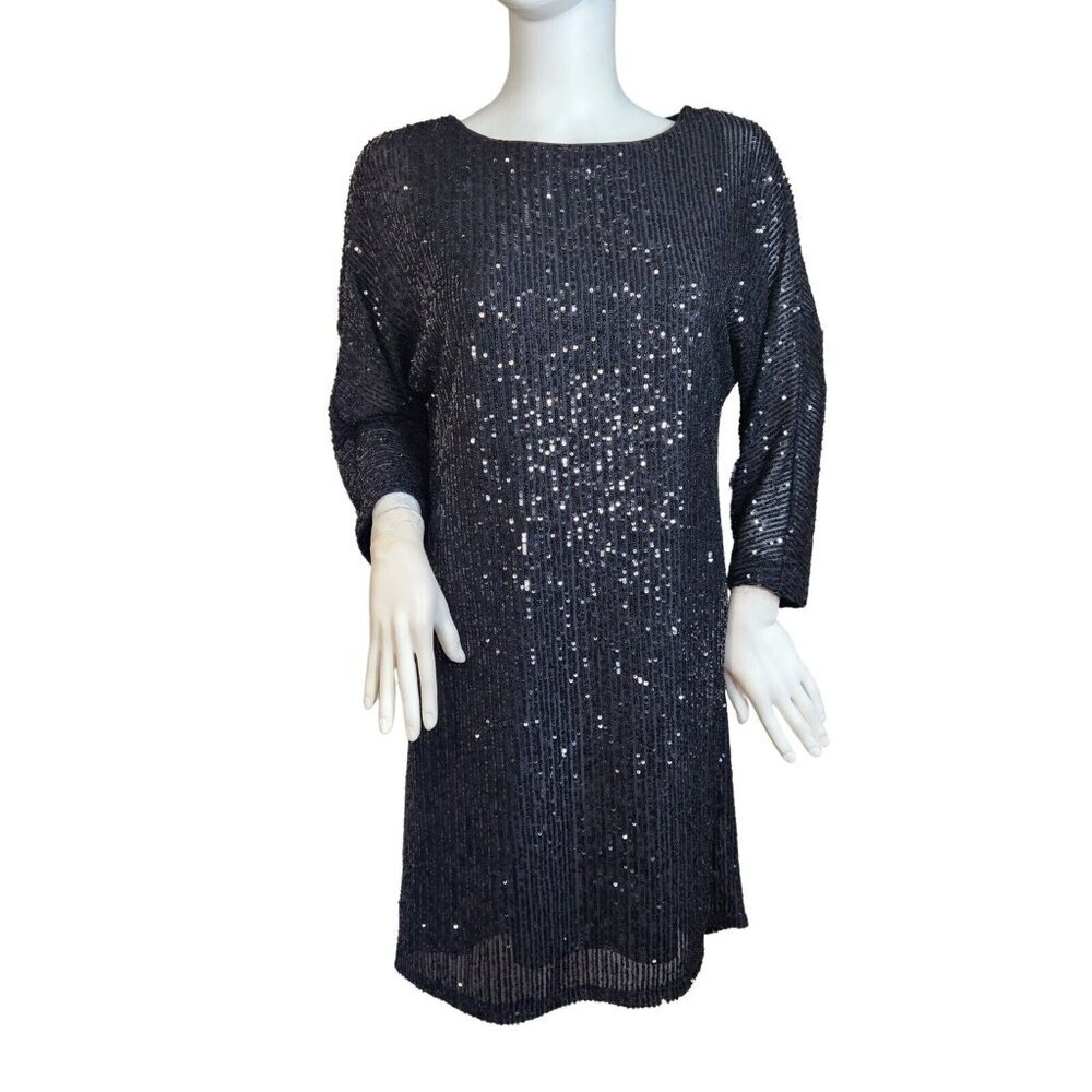 VINCE CAMUTO Women's Sparkle Black Sequin 3/4 Sleeve Mid Dress Size XS (12)
